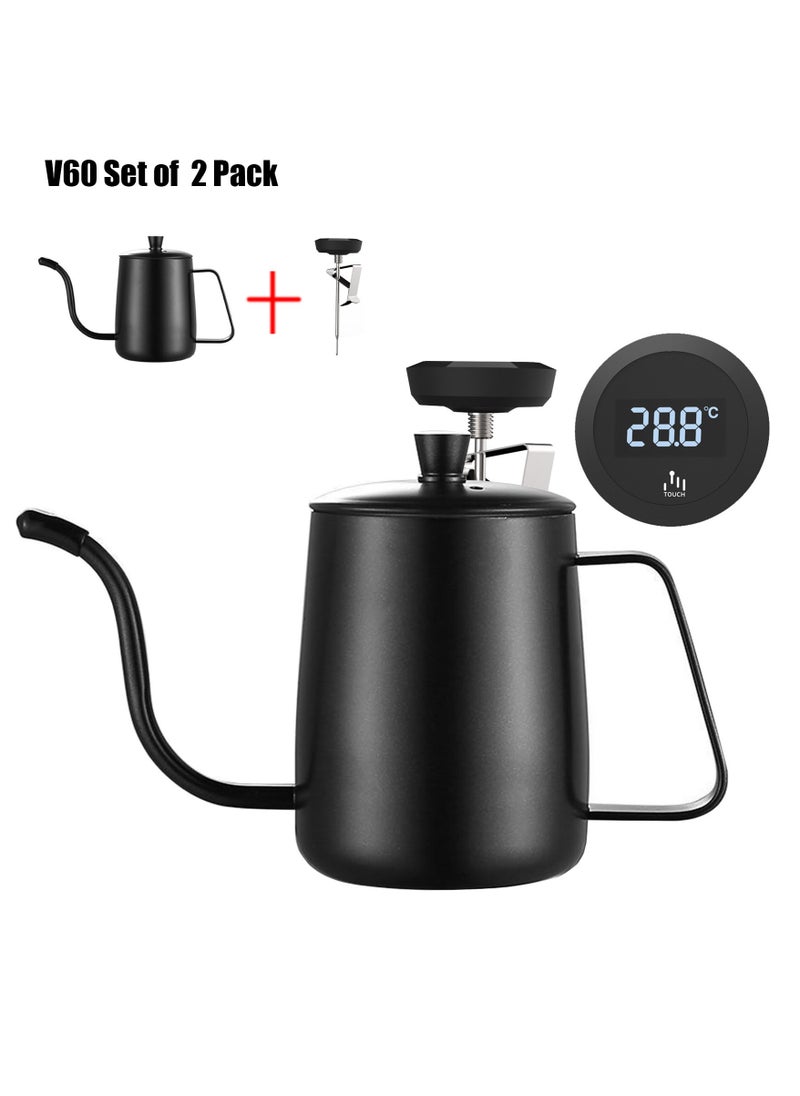 TDAO V60 Professional Coffee Slow Brewing Kit 2-Pack 600ML 304 Food Grade(Not Normal 201 Stainless Steel) Stainless Steel Hand Drip Pour Over Gooseneck Tea Pot/Kettle and LED Coffee Thermometer for Coffee, Tea and Milk Black  - Image 1