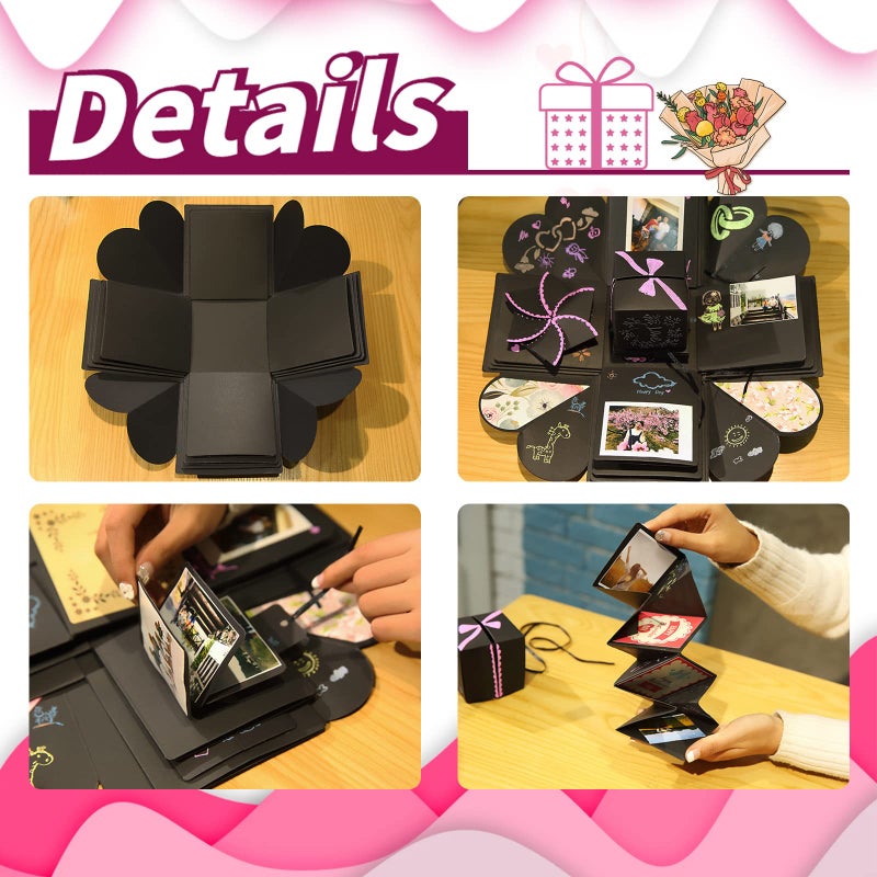 Hamiggaa Explosion Box Gifts Surprise Creative Diy Photo Exploding Love Box Love Memory Photo Box With 4 Faces For Anniversary Birthday Valentine'S Day And Wedding(Black) Square - Image 4