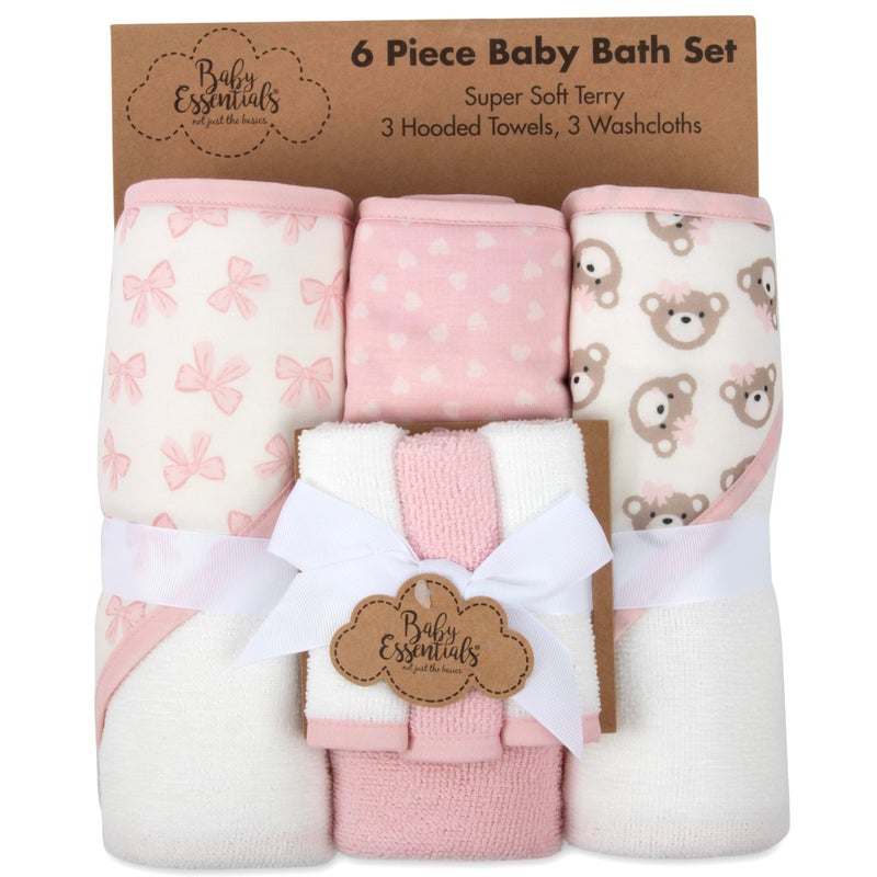 Baby Essentials Hooded Baby Bath Towel and Washcloth 6 Piece Set for Newborns, Infants & Toddlers, Boys & Girls Baby Hooded Towels Set (Pink Bows and Teddy Bears) - Image 5