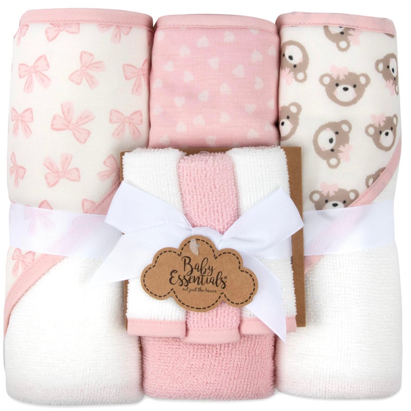 Baby Essentials Hooded Baby Bath Towel and Washcloth 6 Piece Set for Newborns, Infants & Toddlers, Boys & Girls Baby Hooded Towels Set (Pink Bows and Teddy Bears) - Image 1