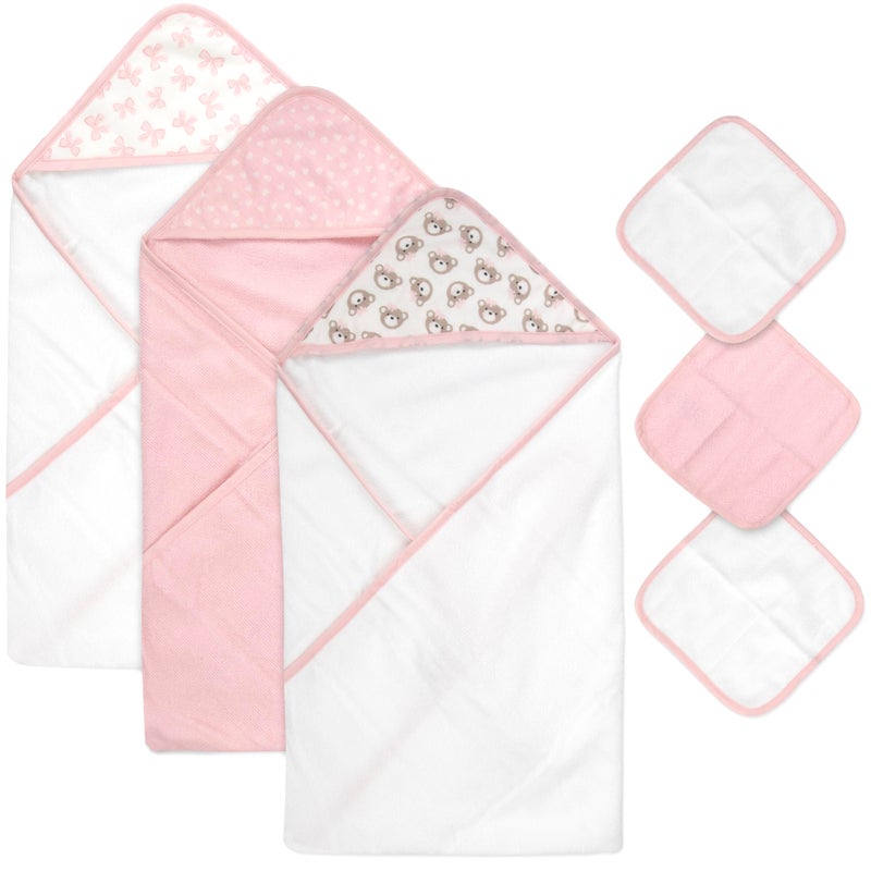 Baby Essentials Hooded Baby Bath Towel and Washcloth 6 Piece Set for Newborns, Infants & Toddlers, Boys & Girls Baby Hooded Towels Set (Pink Bows and Teddy Bears) - Image 4