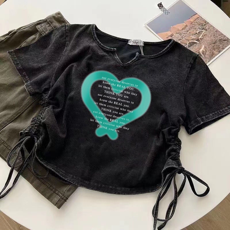 Drawstring Design Love Short Washed Black Old Short-Sleeved T-Shirt Women'S Summer Ins Korean-Style All-Match Niche Top - Image 1