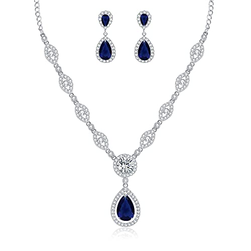 GULICX Jewelry Set for Womens, Silver Plated Teardrop Rhinestone Wedding Bridesmaid Prom Jewelry Set Pendant Necklace Drop Dangle Earrings Set for Brides - Image 1