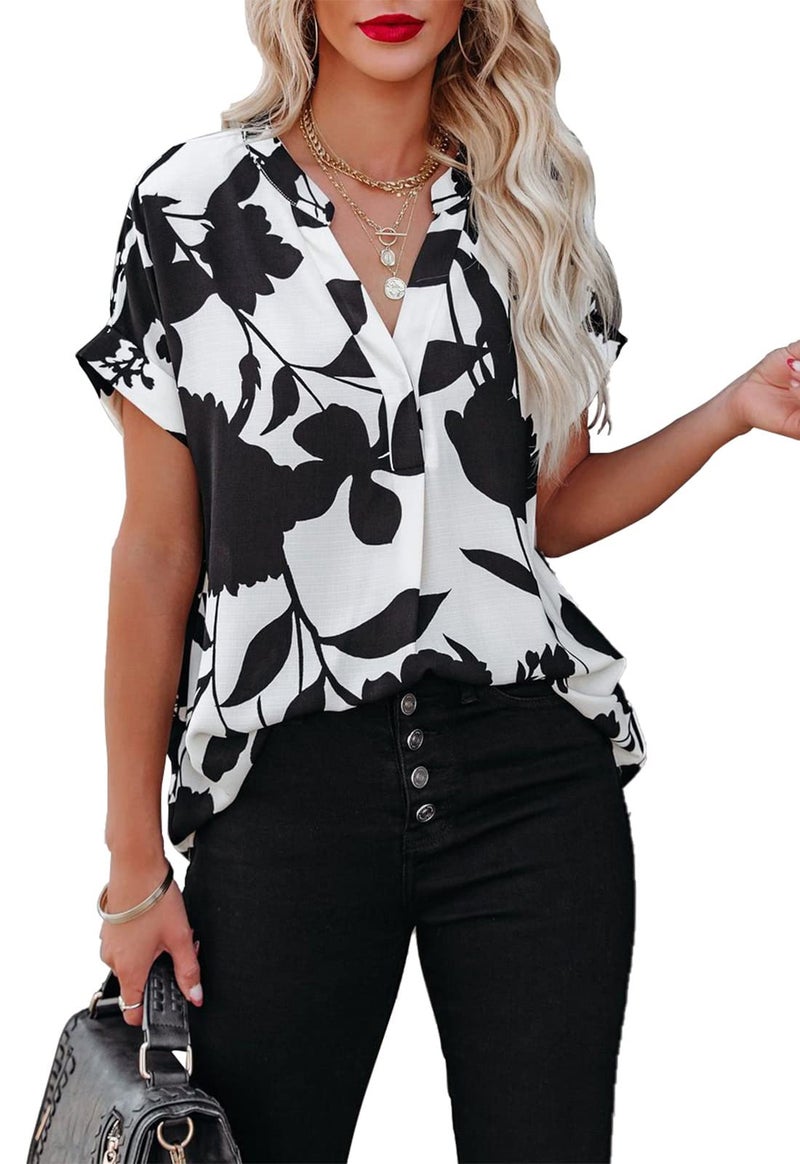 ANCAPELION Women’s Summer Chiffon Blouse Casual Short Sleeve V Neck Shirt Loose Printed Cuffed Sleeve Tunic Tops for Women Black White Printed Small - Image 1