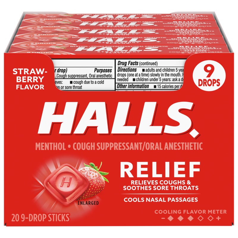 HALLS Relief Strawberry Cough Drops, 20 Sticks of 9 Drops (180 Total Drops) - Image 1