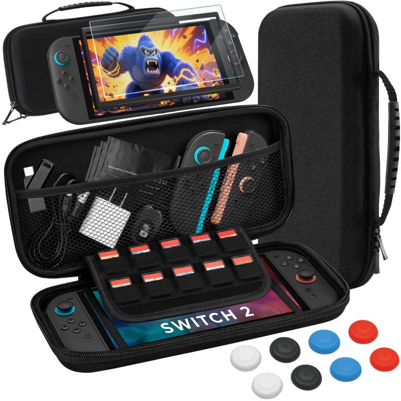 FUNLAB Switch 2 Case and Screen Protector for Nintendo Switch 2, Switch2 Carrying Cases Accessories for Travel, Hard Shell Slim Switch2 Carry Cases with Tempered Glass, 8 Thumb Grips - Black - Image 1