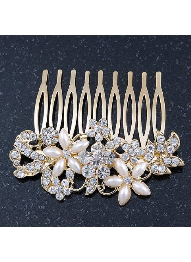 Avalaya Bridal/Wedding/Prom/Party Gold Plated Clear Crystal And Light Cream Simulated Pearl Floral Hair Comb 50Mm  - Image 3