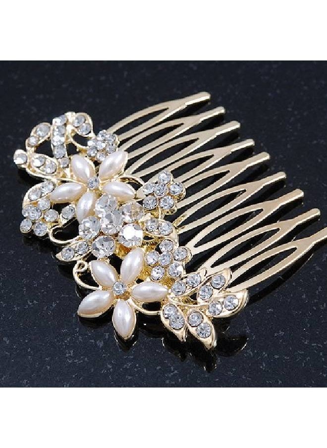 Avalaya Bridal/Wedding/Prom/Party Gold Plated Clear Crystal And Light Cream Simulated Pearl Floral Hair Comb 50Mm  - Image 4