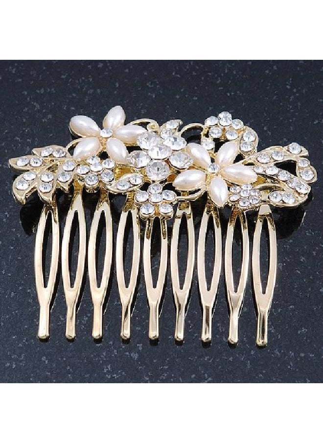 Avalaya Bridal/Wedding/Prom/Party Gold Plated Clear Crystal And Light Cream Simulated Pearl Floral Hair Comb 50Mm  - Image 5