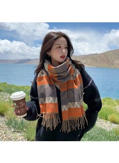 New Plaid Cashmere Scarf Women Thick Autumn Winter Shawl NEW-Orange Stripe