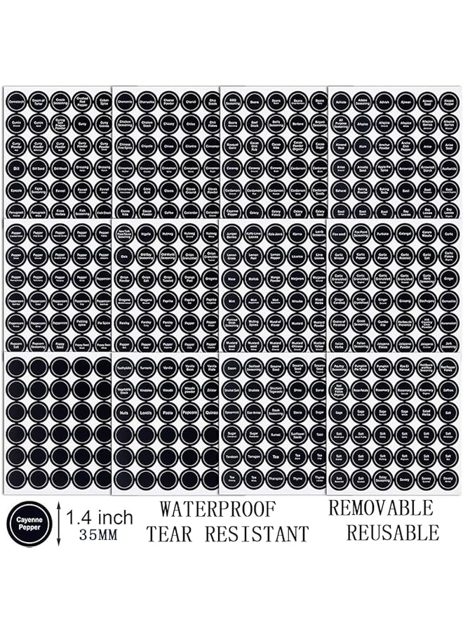 erorex 12 Sheets Spice Labels Stickers 3.5Cm Black Spice Labels For Kitchen 432Pcs Waterproof Adhesive Round Preprinted Spice And Blank Labels With 1Pcs Erasable Pen For Jars Caps Spice Organizers  - Image 2