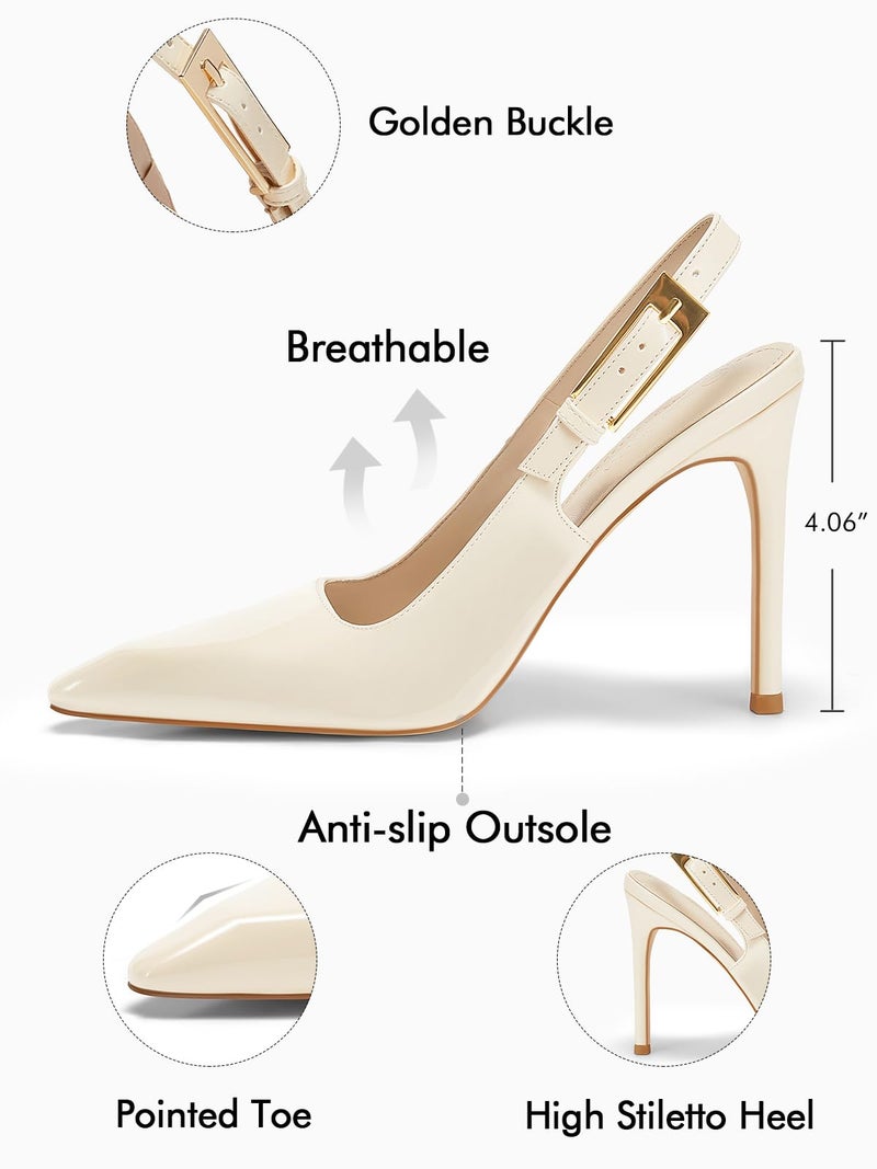 Coutgo Women's Slingback High Heels Pointed Toe Stilettos Metal Buckle Dress Party Pump Shoes, Creamy White, Size 8.5 - Image 5