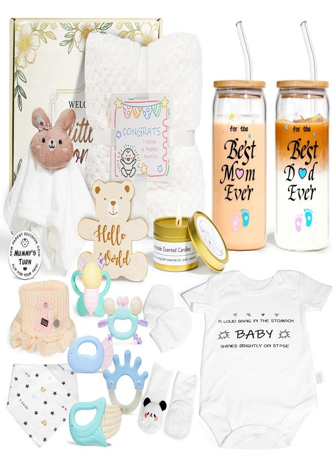 CLTTCLLCT New Mom Gifts for Women, 17pcs Gender Reveal Gifts for New Parent, Baby Shower Gifts for Expecting Mom to Be, Postpartum Essentials After Baby Basket, Baby Swaddle Blanket Rattle Gift Set - Image 1