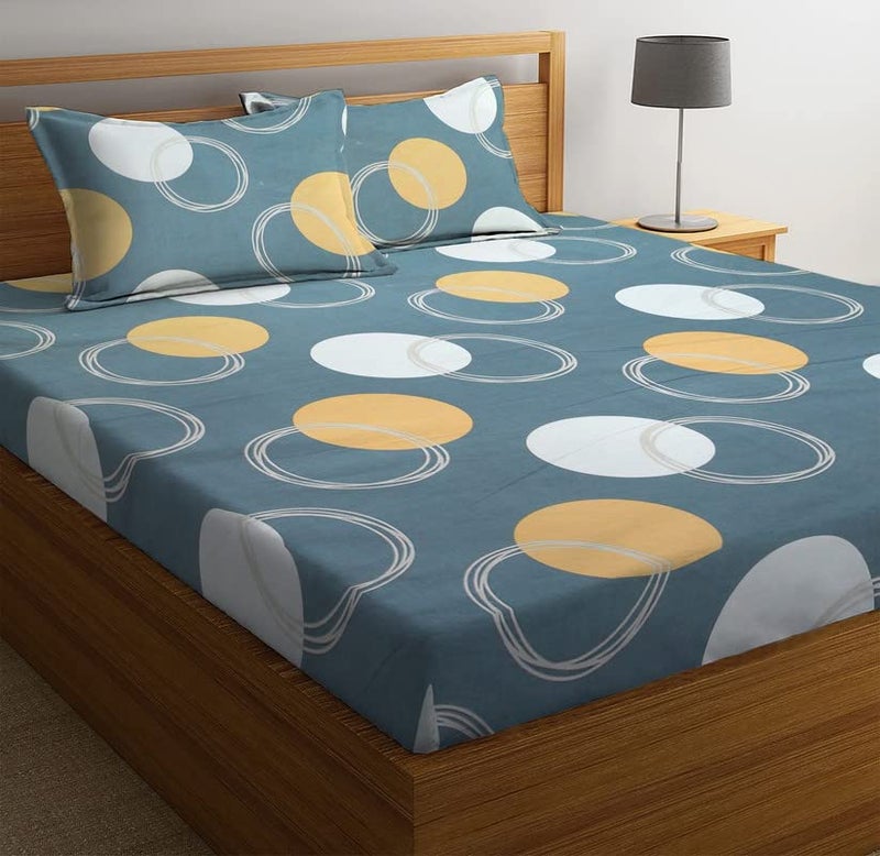 TARAIN COLLECTION Cotton 220 TC Printed Fitted Elastic Double Bedsheet with 2 Pillow Covers 18x28 Inches (Grey & Yellow) 78x72+10 Inches - Image 1