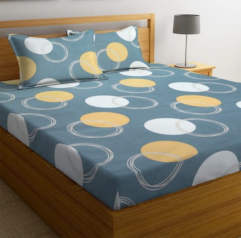 TARAIN COLLECTION Cotton 220 TC Printed Fitted Elastic Double Bedsheet with 2 Pillow Covers 18x28 Inches (Grey & Yellow) 78x72+10 Inches - Image 4