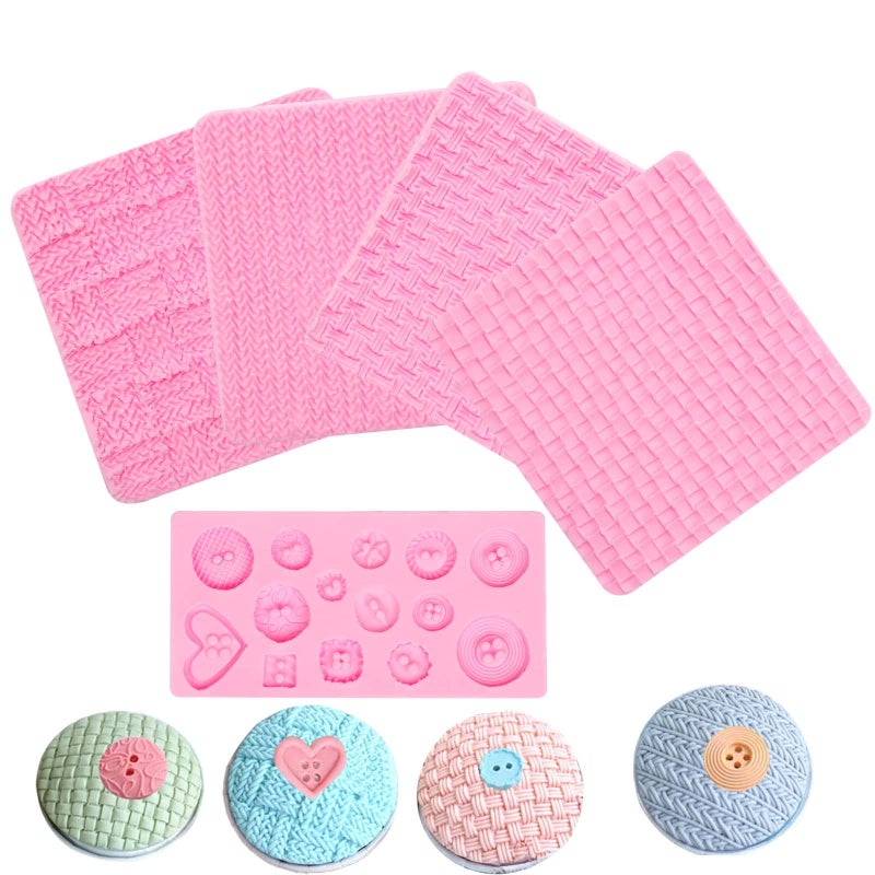 muyulin Fondant Impression Mats Molds Knitting with Button Silicone Chocolate Molds 5 Packs Sweater Design Knit Impress Texture Stamp Mat for Baby Shower Birthday Cake Decorating Cupcakes Topper  - Image 1