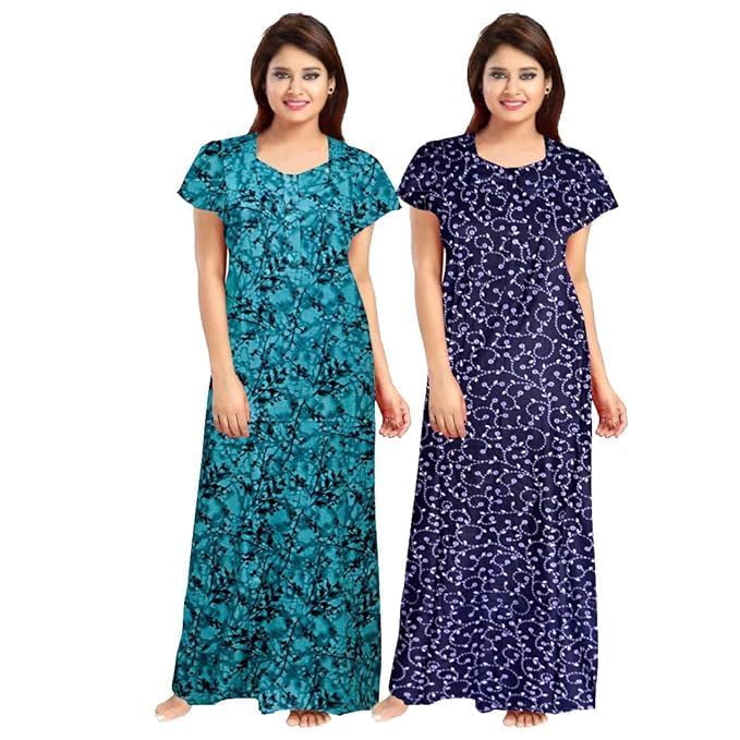 Vlazom Women’s Cotton Printed Maxi Nighty – Ankle Length Night Dress Gown, Pack of 2, Free Size – Soft & Breathable Sleepwear (Rama,Blue, Free Size) - Image 5