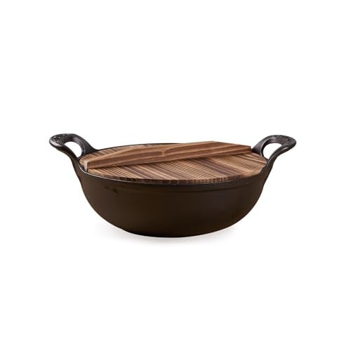 Home Essentials HomeEssentials Cast Iron Kadai with Wooden Lid | Pre Seasoned Iron Kadai with Handles and Flat Base | Iron Wok for Cooking | Uncoated Kadai for Electric Induction (25cm) - Image 1