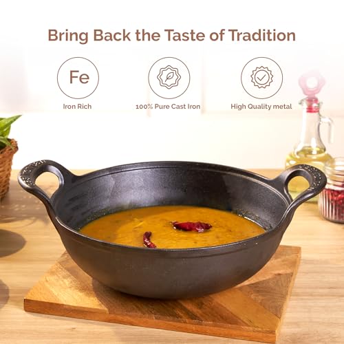 Home Essentials HomeEssentials Cast Iron Kadai with Wooden Lid | Pre Seasoned Iron Kadai with Handles and Flat Base | Iron Wok for Cooking | Uncoated Kadai for Electric Induction (25cm) - Image 4