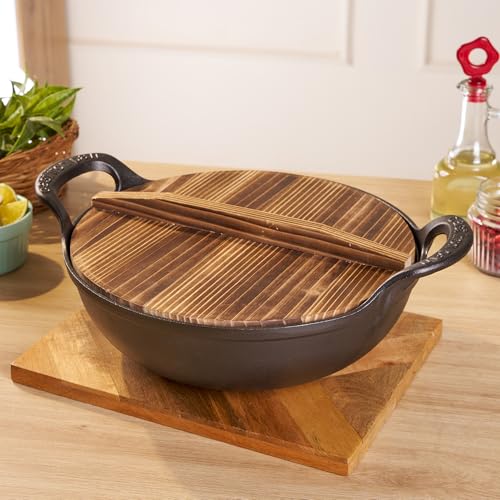 Home Essentials HomeEssentials Cast Iron Kadai with Wooden Lid | Pre Seasoned Iron Kadai with Handles and Flat Base | Iron Wok for Cooking | Uncoated Kadai for Electric Induction (25cm) - Image 5