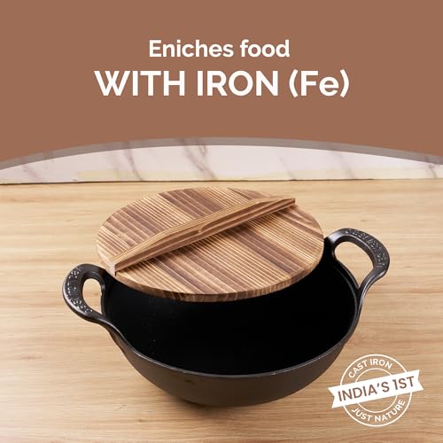 Home Essentials HomeEssentials Cast Iron Kadai with Wooden Lid | Pre Seasoned Iron Kadai with Handles and Flat Base | Iron Wok for Cooking | Uncoated Kadai for Electric Induction (25cm) - Image 2