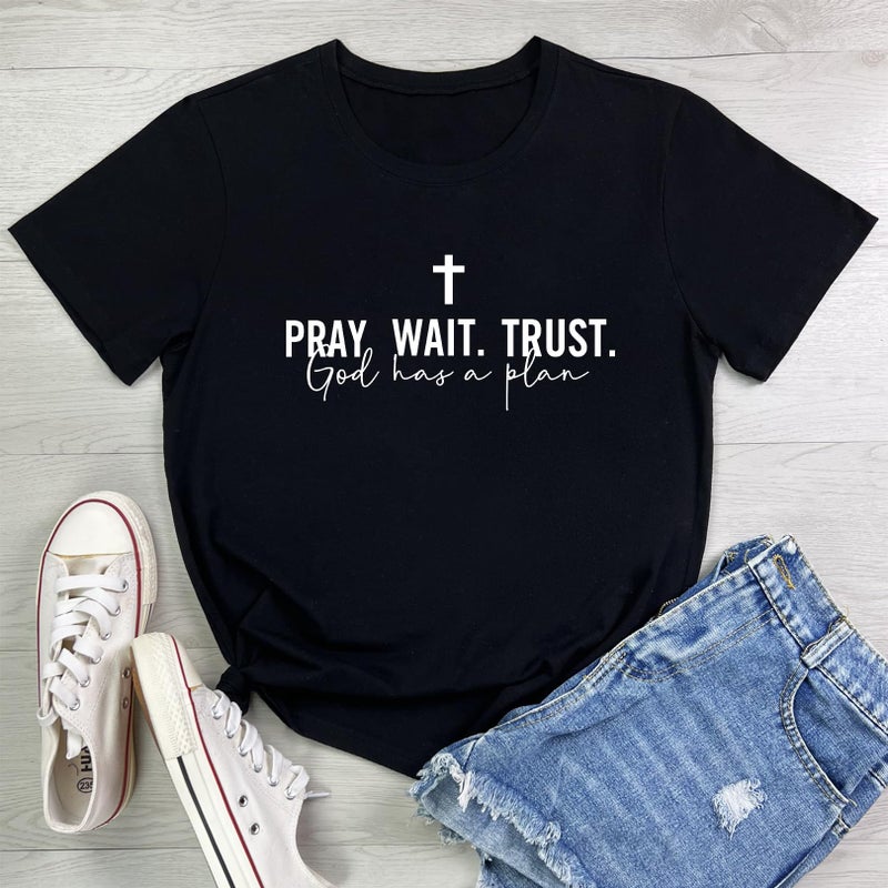 LOOKFACE Women Pray Wait Trust Soft Tees Cute Graphic T Shirts Black XX-Large - Image 2