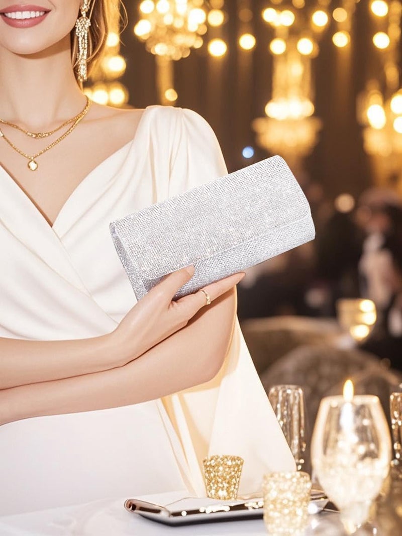 Naimo Flap Dazzling Small Clutch Bag Evening Bag With Detachable Chain (Silver) - Image 3