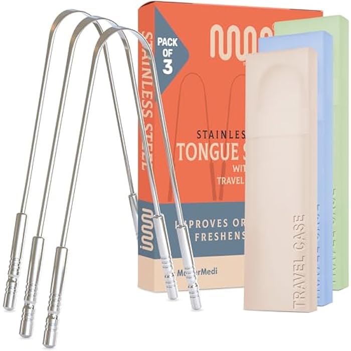MasterMedi Tongue Scraper for Adults, 100% Stainless Steel Scrubber for Bad Breath, Easy to Use, Tongue Cleaner for Oral Care & Hygiene Set of 3 (with Travel Case) - Image 1