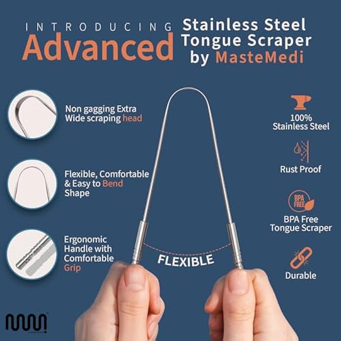 MasterMedi Tongue Scraper for Adults, 100% Stainless Steel Scrubber for Bad Breath, Easy to Use, Tongue Cleaner for Oral Care & Hygiene Set of 3 (with Travel Case) - Image 4
