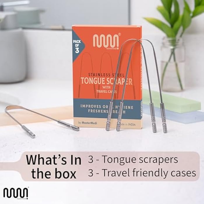 MasterMedi Tongue Scraper for Adults, 100% Stainless Steel Scrubber for Bad Breath, Easy to Use, Tongue Cleaner for Oral Care & Hygiene Set of 3 (with Travel Case) - Image 5