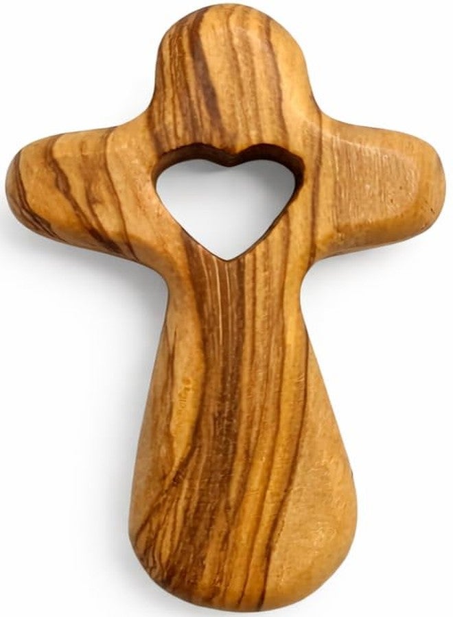 Zuluf Olive Wood Comfort Cross 2.5” Handmade in Bethlehem Holy Land – Pocket Prayer Fidget Cross with Heart Cutout, Christian Encouragement Gift, Velvet Pouch Included - Image 1