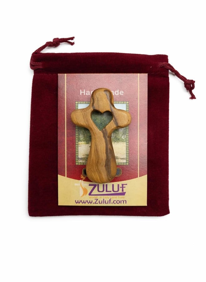 Zuluf Olive Wood Comfort Cross 2.5” Handmade in Bethlehem Holy Land – Pocket Prayer Fidget Cross with Heart Cutout, Christian Encouragement Gift, Velvet Pouch Included - Image 3