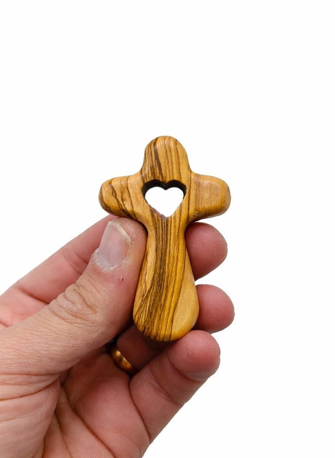 Zuluf Olive Wood Comfort Cross 2.5” Handmade in Bethlehem Holy Land – Pocket Prayer Fidget Cross with Heart Cutout, Christian Encouragement Gift, Velvet Pouch Included - Image 2