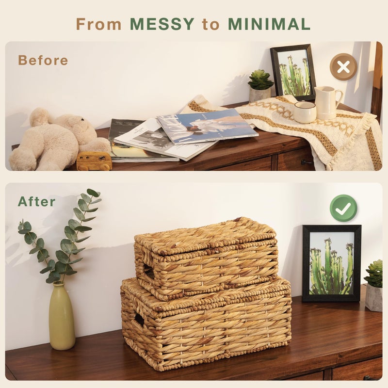 84ECO Set of 2 Wicker Baskets with Lid - Decorative Storage Boxes for Home Decor, Shelves - Woven Basket with Lid - Wicker Decor - Rattan Box - Decorative Bins with Lids (Natural) - Image 5
