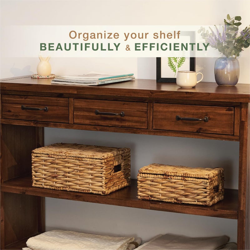 84ECO Set of 2 Wicker Baskets with Lid - Decorative Storage Boxes for Home Decor, Shelves - Woven Basket with Lid - Wicker Decor - Rattan Box - Decorative Bins with Lids (Natural) - Image 3