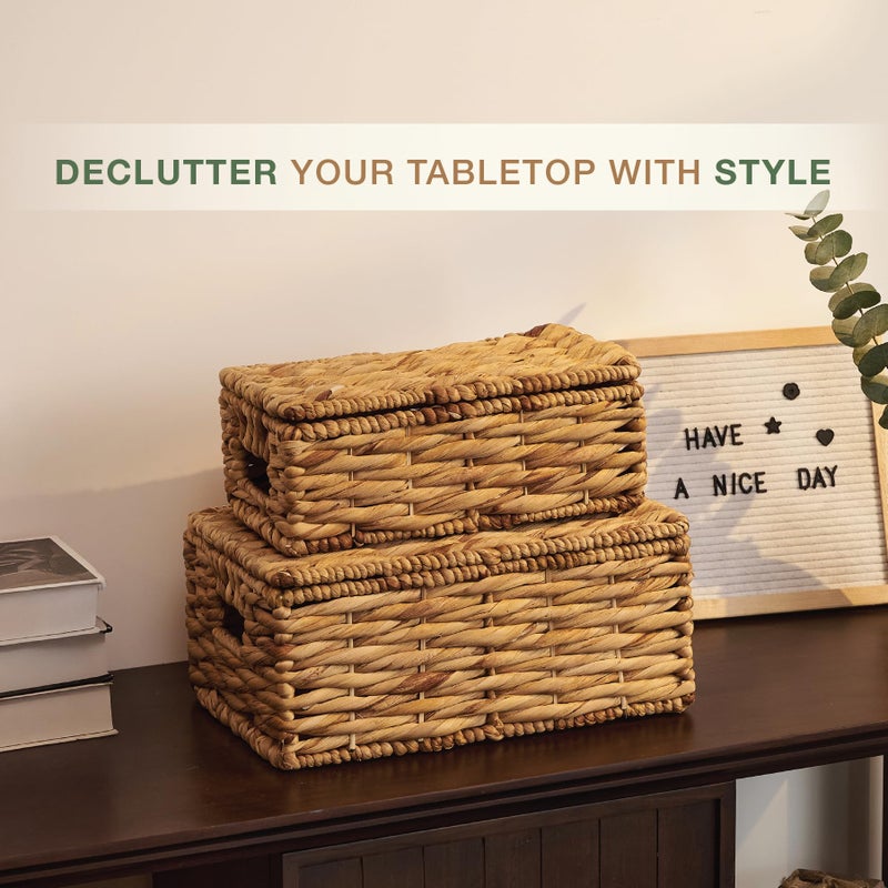 84ECO Set of 2 Wicker Baskets with Lid - Decorative Storage Boxes for Home Decor, Shelves - Woven Basket with Lid - Wicker Decor - Rattan Box - Decorative Bins with Lids (Natural) - Image 2