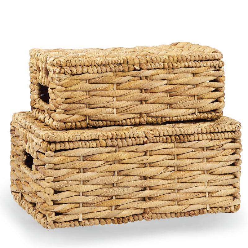 84ECO Set of 2 Wicker Baskets with Lid - Decorative Storage Boxes for Home Decor, Shelves - Woven Basket with Lid - Wicker Decor - Rattan Box - Decorative Bins with Lids (Natural) - Image 1