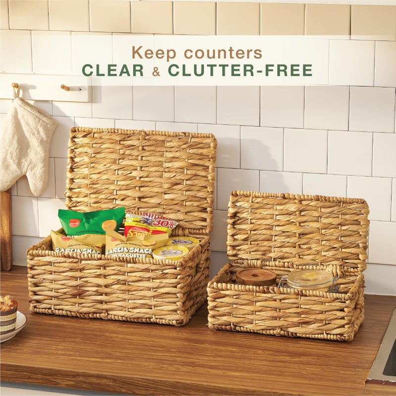 84ECO Set of 2 Wicker Baskets with Lid - Decorative Storage Boxes for Home Decor, Shelves - Woven Basket with Lid - Wicker Decor - Rattan Box - Decorative Bins with Lids (Natural) - Image 4