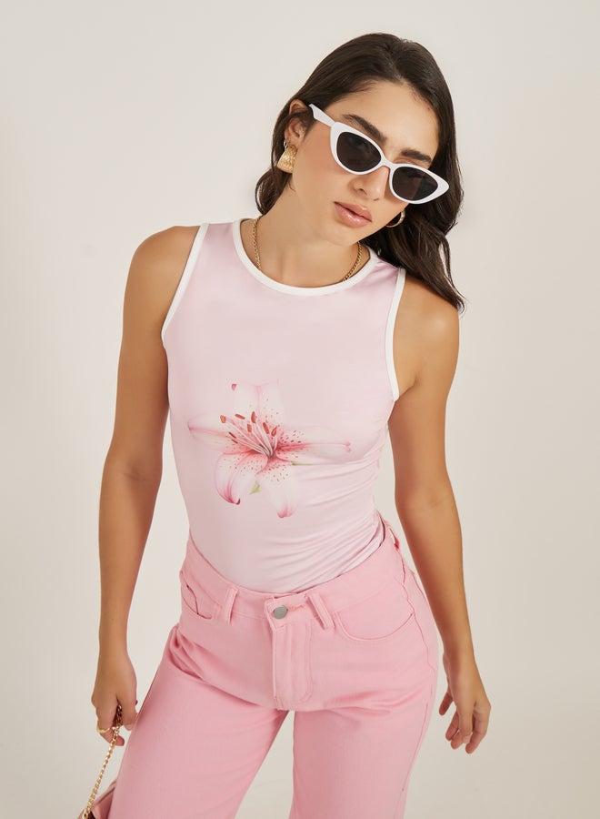 Styli Floral Print Round Neck Contrast Piping Sleeveless Tank  - Image 1