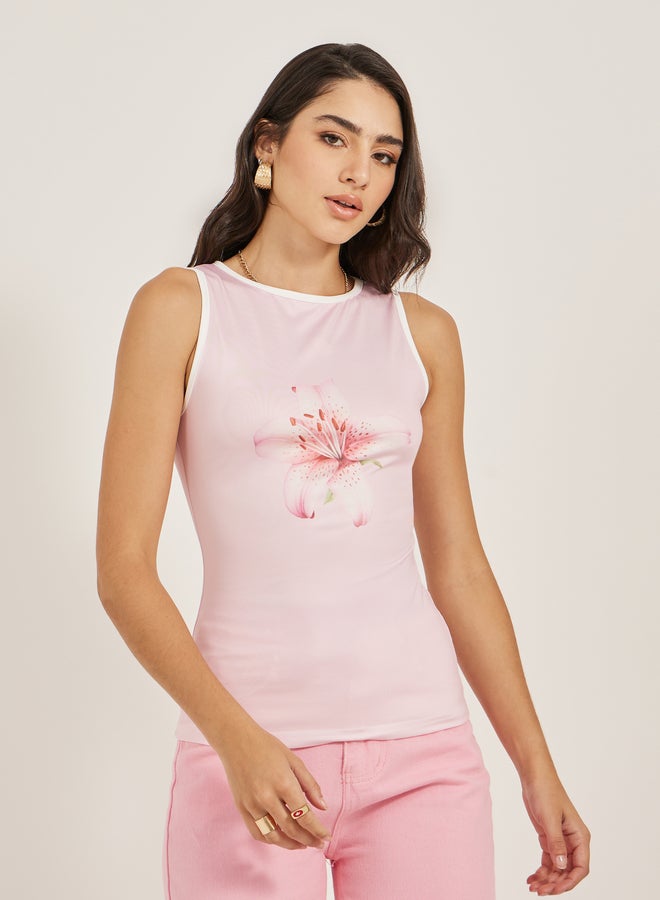 Styli Floral Print Round Neck Contrast Piping Sleeveless Tank  - Image 3