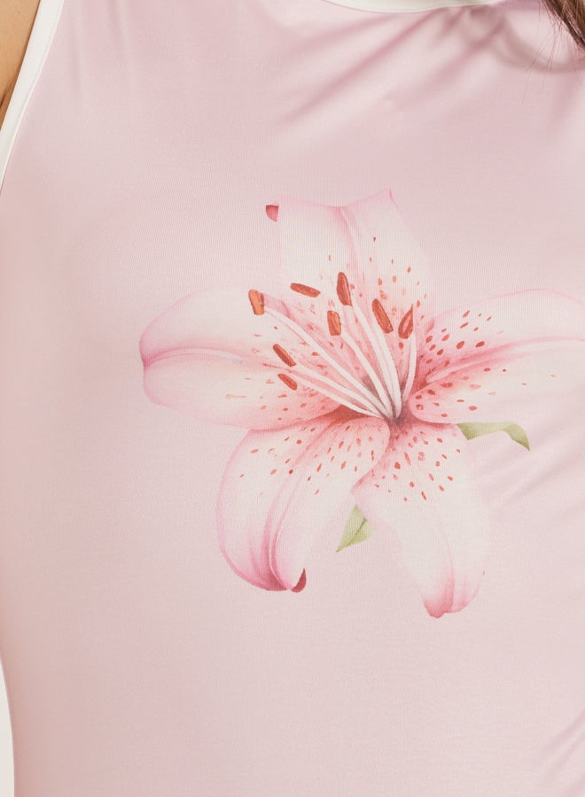 Styli Floral Print Round Neck Contrast Piping Sleeveless Tank  - Image 4