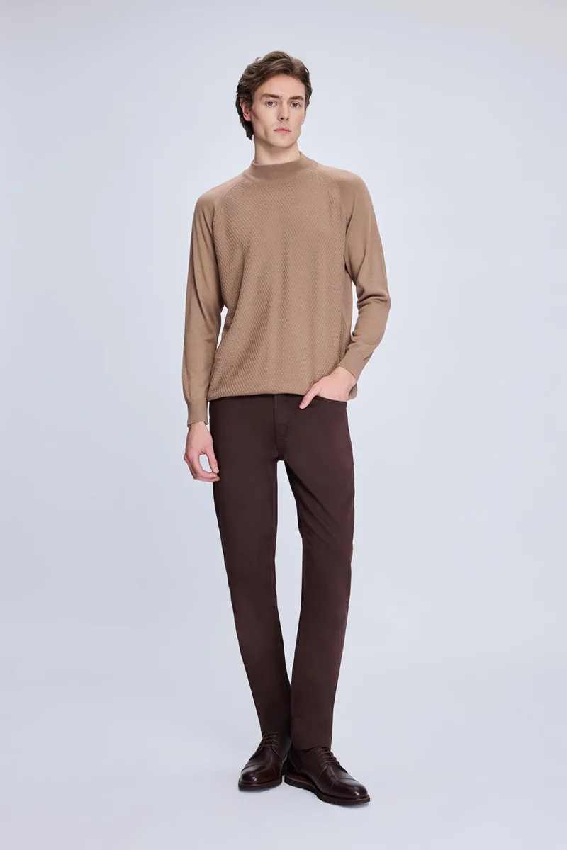 Hatemoğlu Brown Regular Fit Jacquard Half Turtleneck Wool Sweater