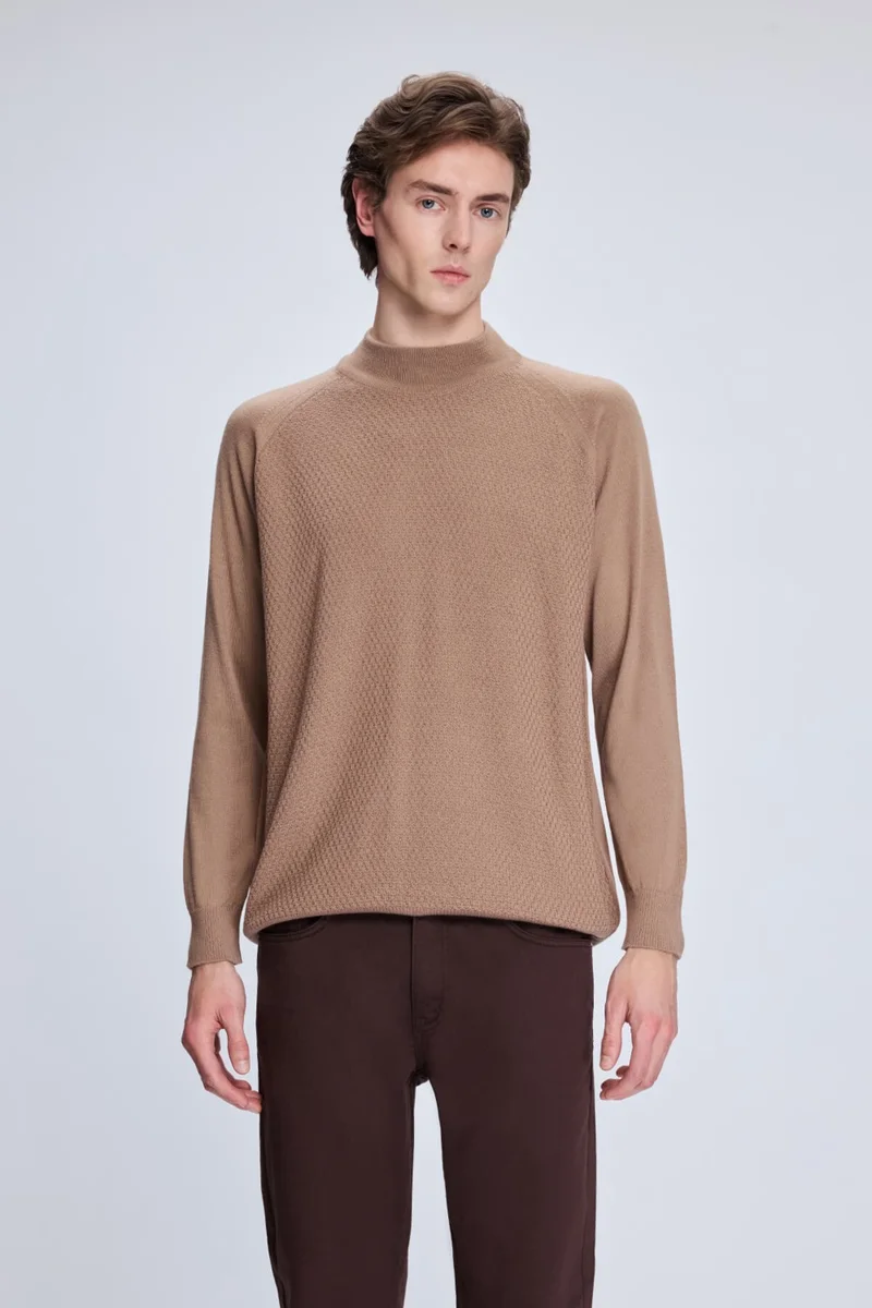 Hatemoğlu Brown Regular Fit Jacquard Half Turtleneck Wool Sweater