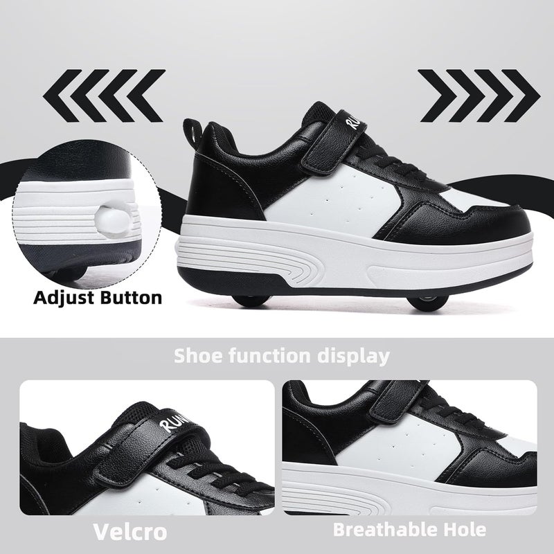 HSQ Roller Skate Shoes for Kids - Detachable Wheeled 2 in 1 Skating Sneakers in Black/White - Image 2
