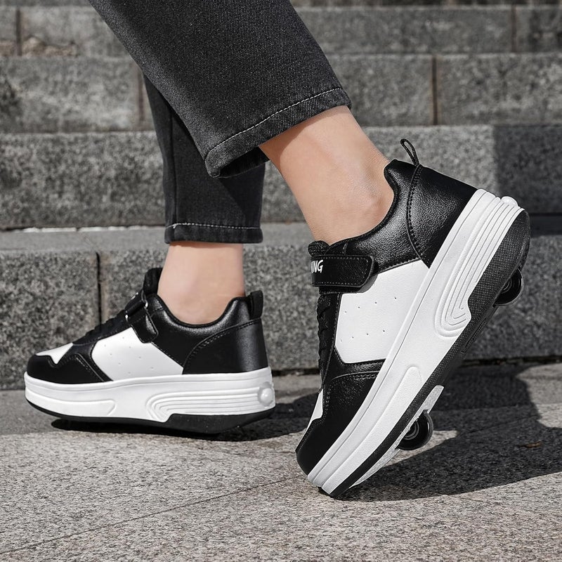 HSQ Roller Skate Shoes for Kids - Detachable Wheeled 2 in 1 Skating Sneakers in Black/White - Image 4