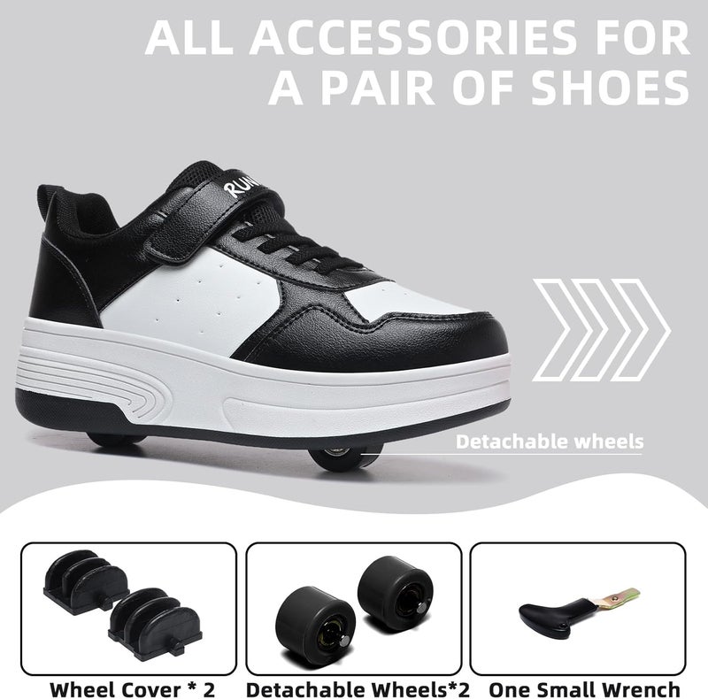 HSQ Roller Skate Shoes for Kids - Detachable Wheeled 2 in 1 Skating Sneakers in Black/White - Image 3