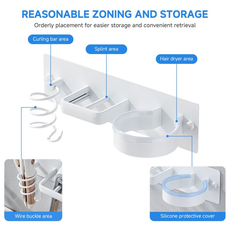 HOHOWU Hair Dryer Holder Wall Mounted,Blow Dryer, Curling Iron, Straightener Holder 3 in 1 Bathroom Metal Hair Tool Organizer Rack-Matte White-1 - Image 5
