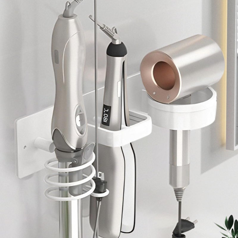 HOHOWU Hair Dryer Holder Wall Mounted,Blow Dryer, Curling Iron, Straightener Holder 3 in 1 Bathroom Metal Hair Tool Organizer Rack-Matte White-1 - Image 1