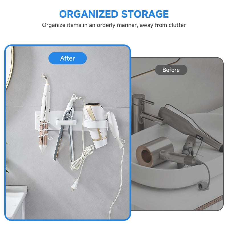 HOHOWU Hair Dryer Holder Wall Mounted,Blow Dryer, Curling Iron, Straightener Holder 3 in 1 Bathroom Metal Hair Tool Organizer Rack-Matte White-1 - Image 4