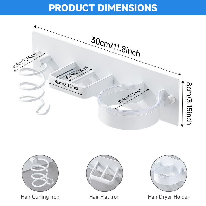 HOHOWU Hair Dryer Holder Wall Mounted,Blow Dryer, Curling Iron, Straightener Holder 3 in 1 Bathroom Metal Hair Tool Organizer Rack-Matte White-1 - Image 2